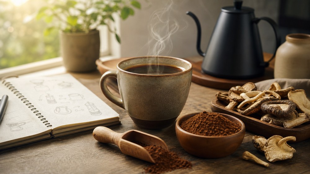 Mushroom coffee brewing guide scene with mug, notebook and ingredients