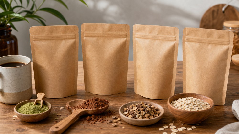 Unbranded mushroom coffee pouches arranged with matcha, cocoa, oats and coffee