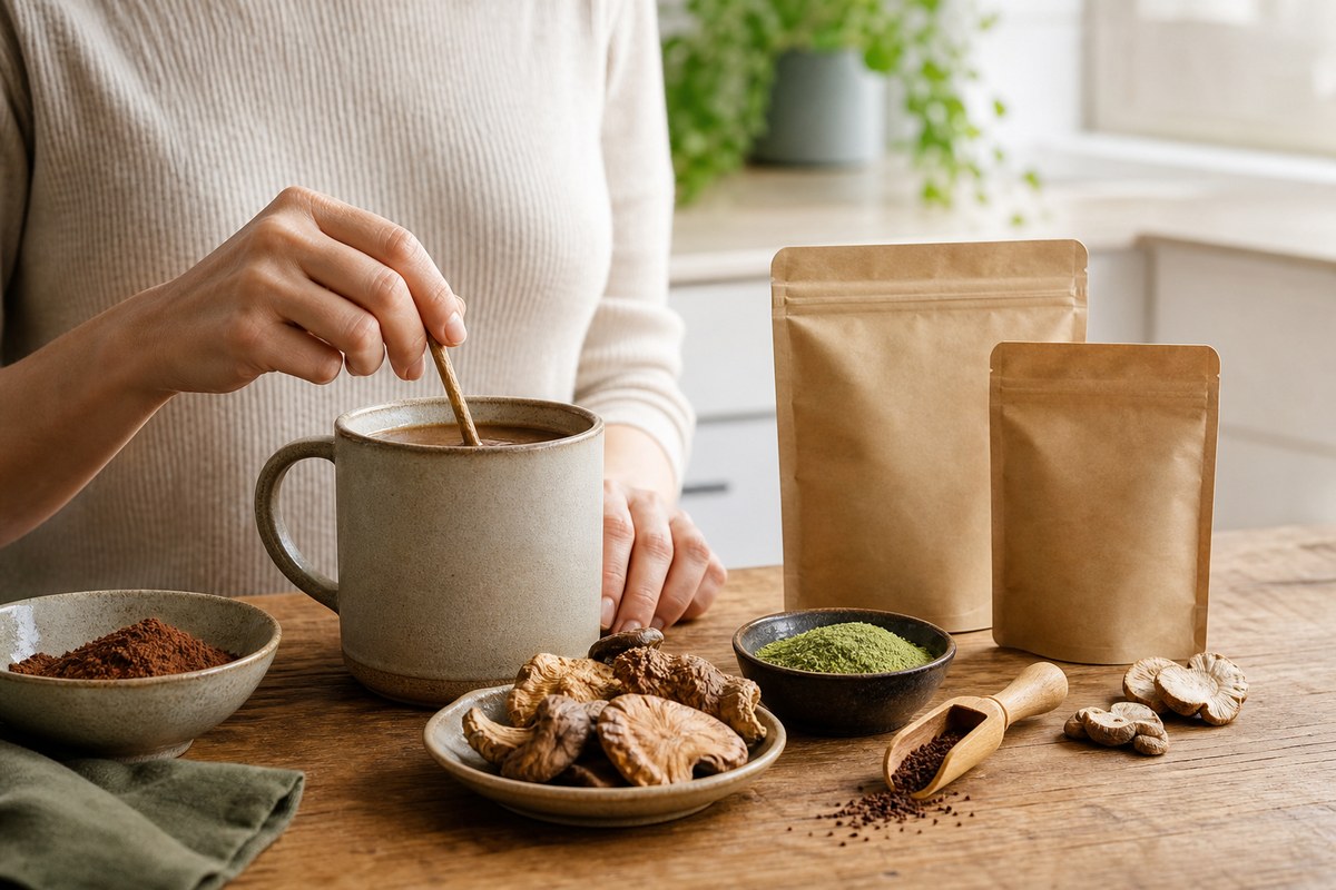 Hands stirring a mug of mushroom coffee with functional beverage ingredients on a morning table