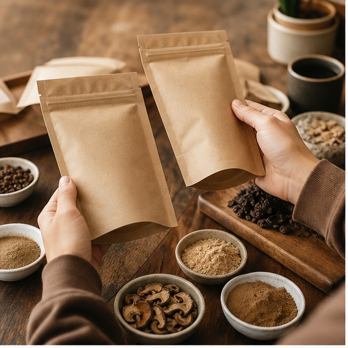Hands comparing mushroom coffee pouches and ingredients for product curation