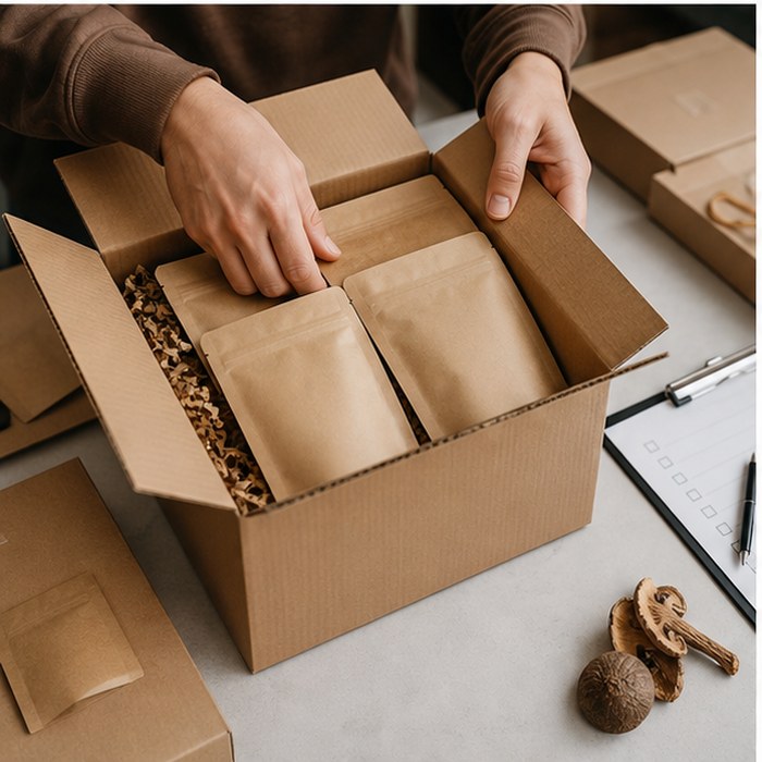 Hands packing mushroom coffee pouches into a shipping box