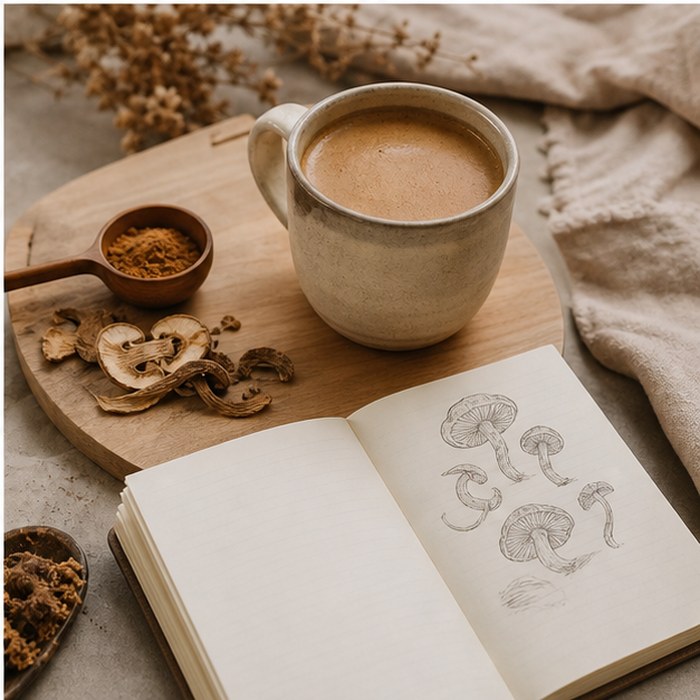 Mushroom coffee mug, notebook and ingredients for brewing guides