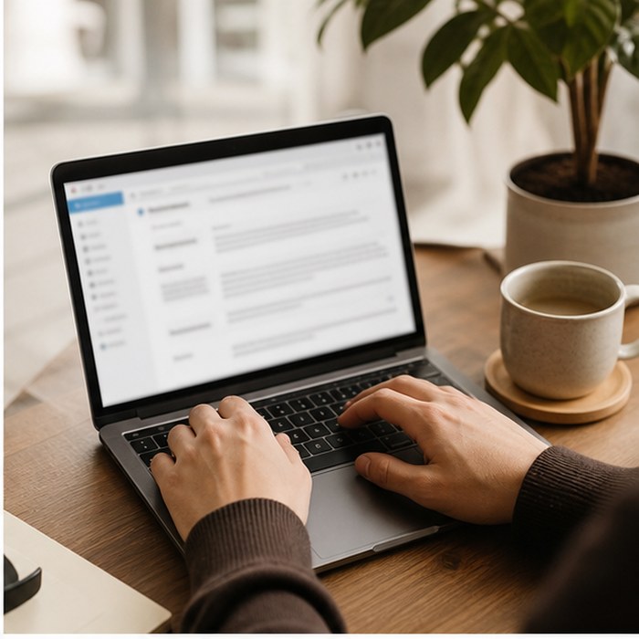 Customer support desk with laptop and mug for mushroom coffee questions
