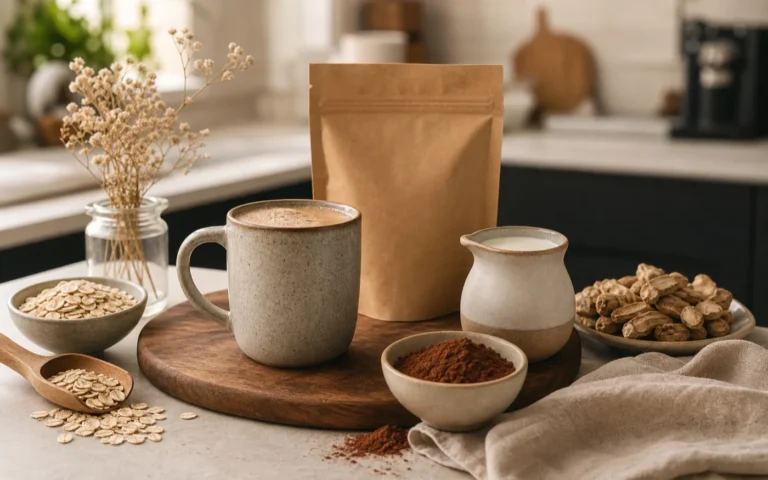 Mushroom coffee with creamer, cocoa, chicory and oats for routine choices