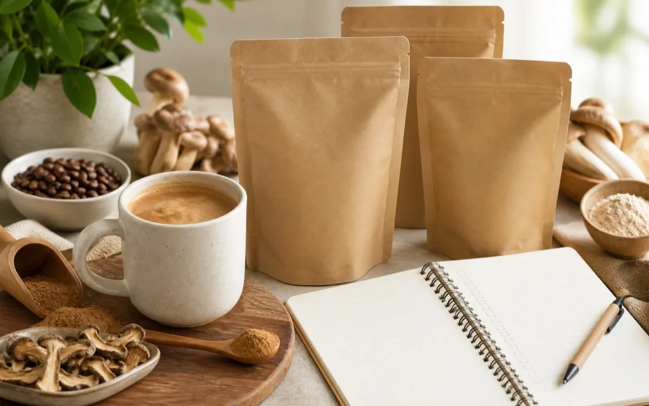 Mushroom coffee pouches, mug and notebook for buying checklist