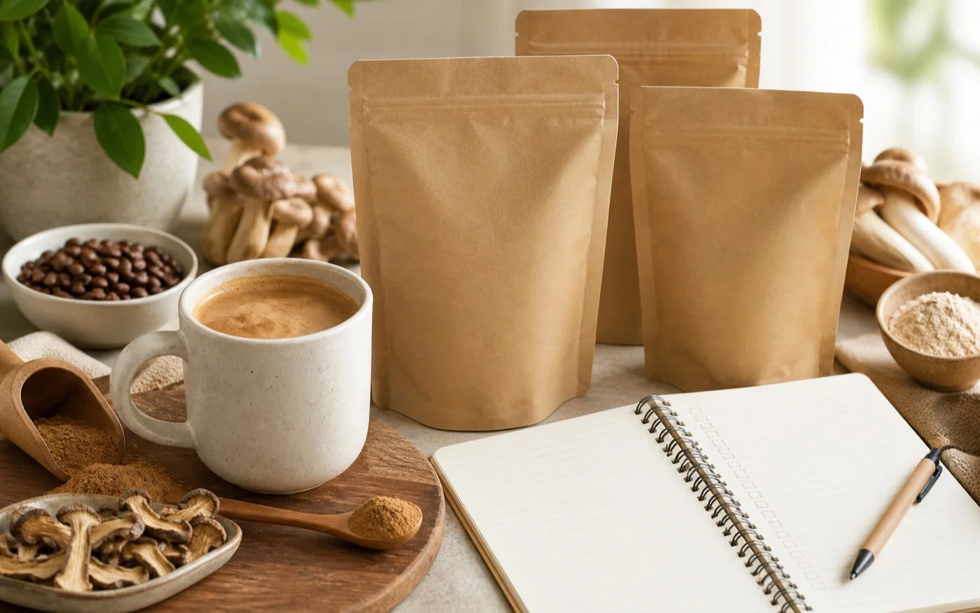 Mushroom coffee pouches, mug and notebook for buying checklist