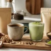 Mushroom coffee and matcha drinks compared on a clean kitchen counter