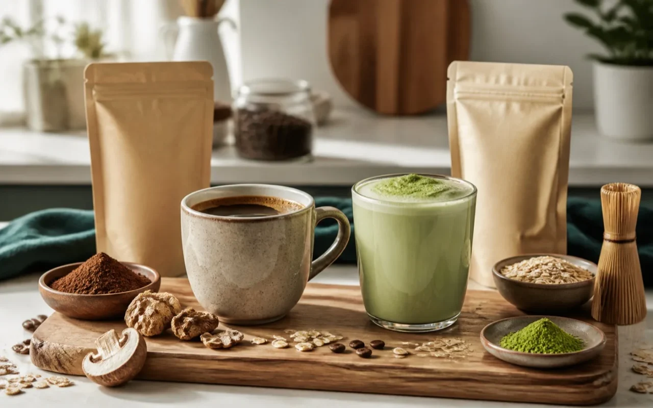 Mushroom coffee and matcha drinks compared on a clean kitchen counter