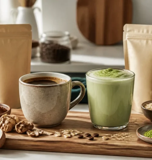 Mushroom coffee and matcha drinks compared on a clean kitchen counter