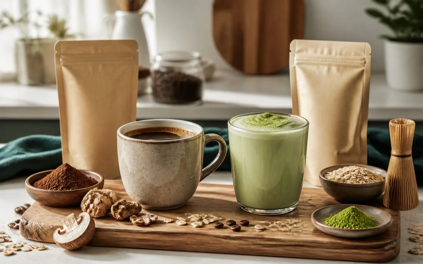 Mushroom coffee and matcha drinks compared on a clean kitchen counter