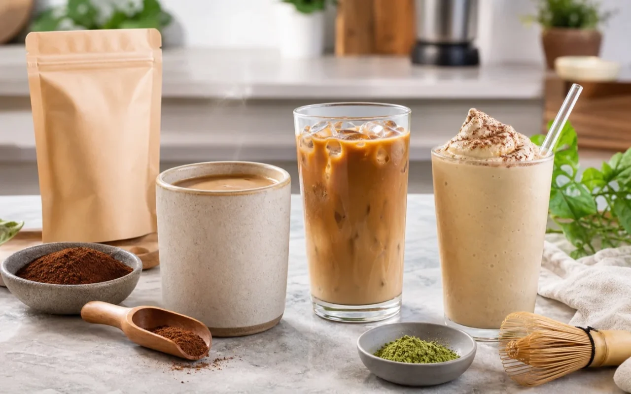 Hot, iced and blended mushroom coffee drinks arranged together