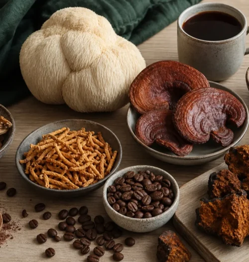 Mushroom coffee ingredients including lion mane, reishi, cordyceps and coffee