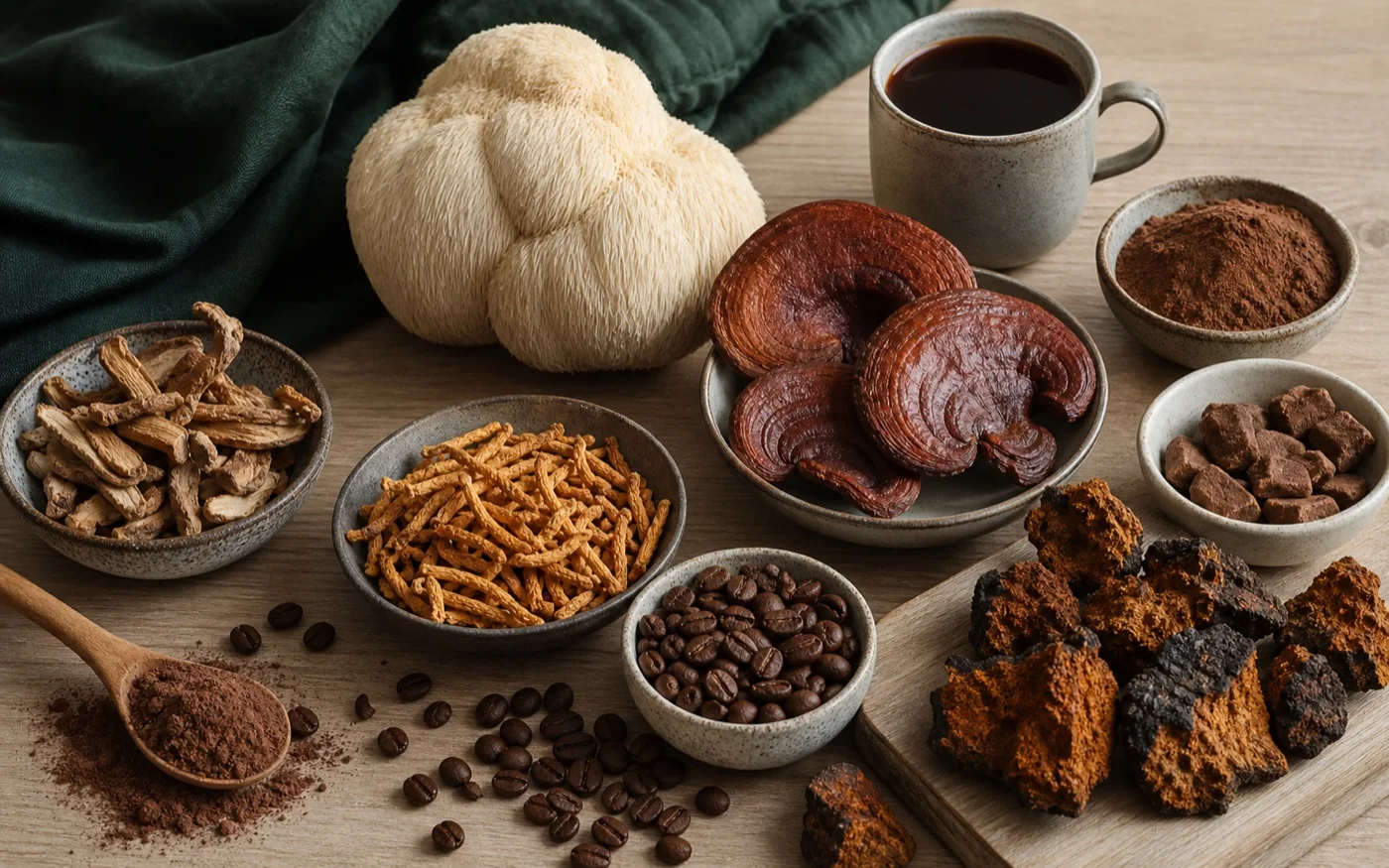 Mushroom coffee ingredients including lion mane, reishi, cordyceps and coffee