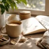 Warm mushroom coffee mug with journal and ingredients in morning light