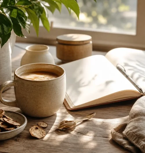 Warm mushroom coffee mug with journal and ingredients in morning light