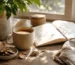 Warm mushroom coffee mug with journal and ingredients in morning light