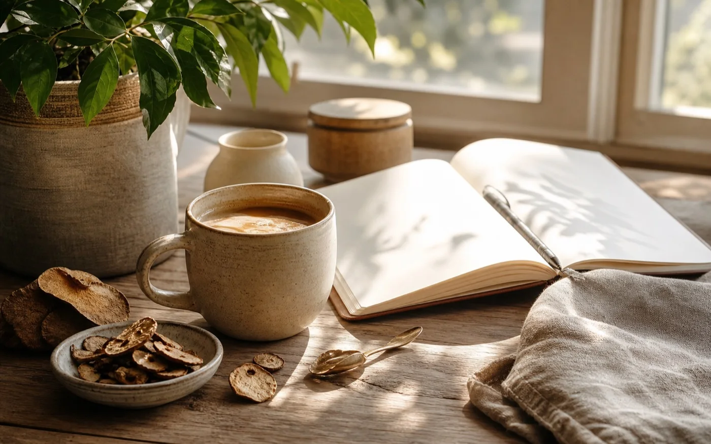 Warm mushroom coffee mug with journal and ingredients in morning light