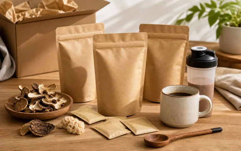 Unbranded mushroom coffee starter kit with pouches, mug and scoop
