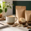 Mug, ingredients and unbranded pouches for a first-time mushroom coffee guide