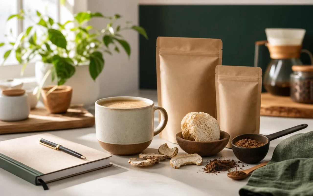 Mug, ingredients and unbranded pouches for a first-time mushroom coffee guide