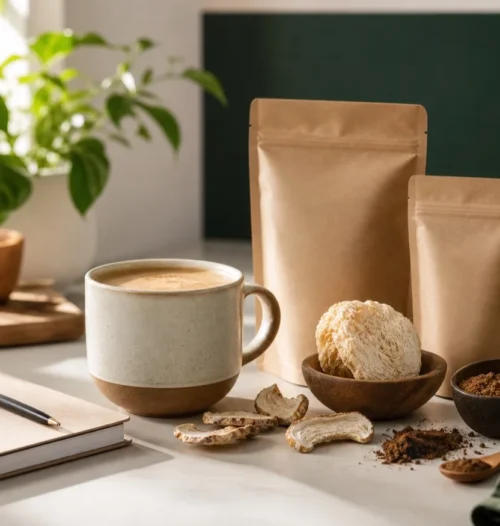 Mug, ingredients and unbranded pouches for a first-time mushroom coffee guide