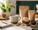 Mug, ingredients and unbranded pouches for a first-time mushroom coffee guide