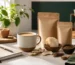 Mug, ingredients and unbranded pouches for a first-time mushroom coffee guide